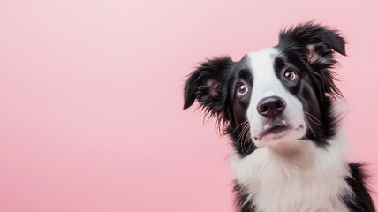 A black and white dog with a pink background