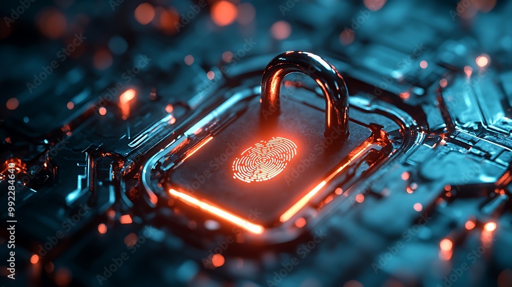 Poster cybersecurity concept, fingerprint scan unlock padlock on circuit board