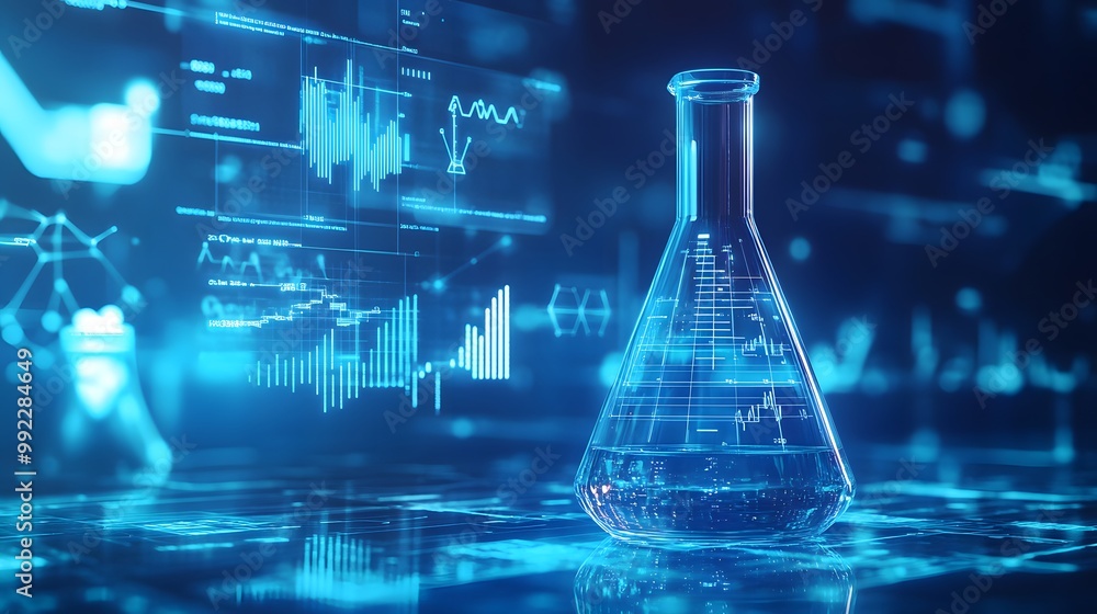 Poster erlenmeyer flask with blue liquid and digital data in the background