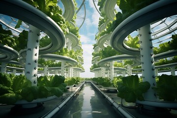 Vertical farming setup with lush green lettuce plants.