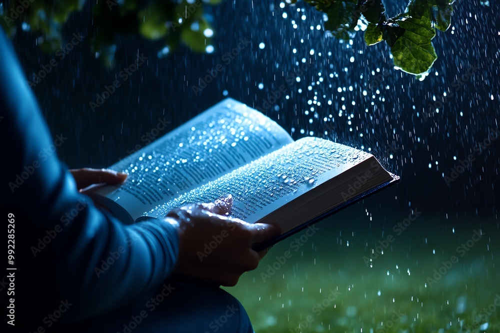 Wall mural a hyper-realistic image of a person reading a book in the rain, with droplets of water splashing on 
