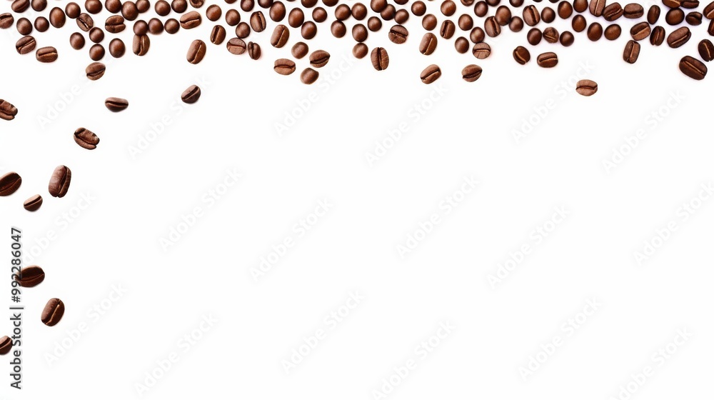 Poster panoramic border of coffee beans isolated on a white background with ample copy space, perfect for c