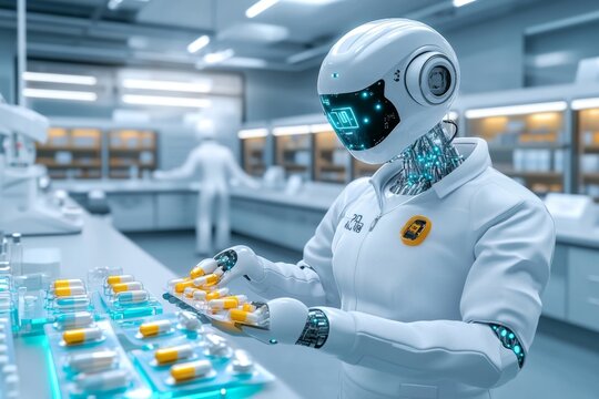 A futuristic pharmaceutical lab with robotic arms preparing medication, representing the future of drug manufacturing and distribution