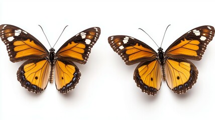 Obraz premium Two butterflies are shown side by side on a white background