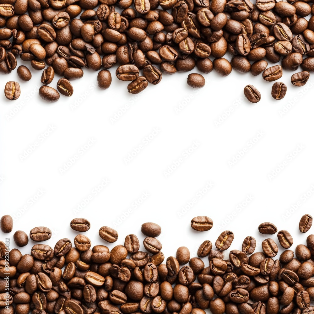Poster panoramic border of coffee beans isolated on a white background with ample copy space, perfect for c