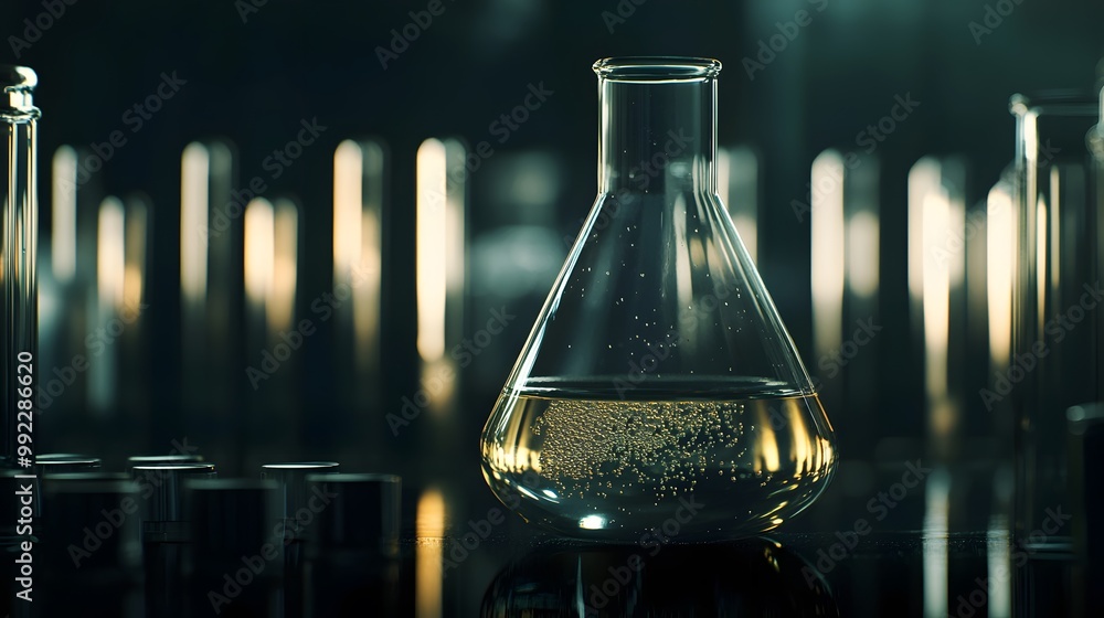 Poster a single erlenmeyer flask filled with liquid and tiny bubbles, with a row of unfocused cylinders in 