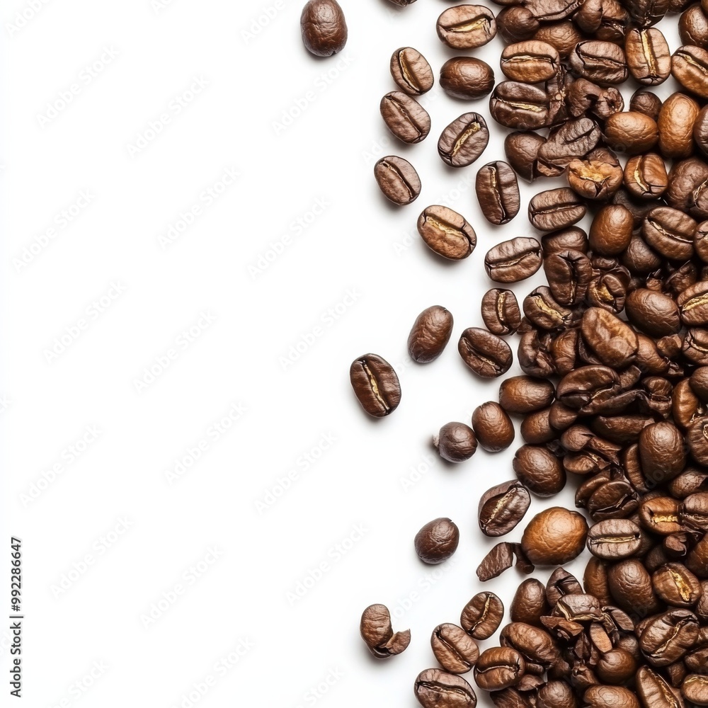Poster panoramic border of coffee beans isolated on a white background with ample copy space, perfect for c