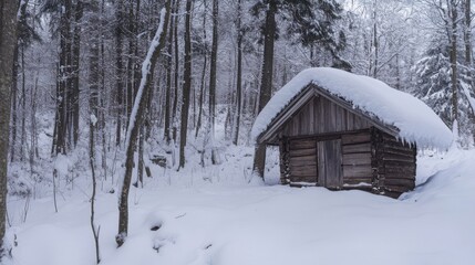 Naklejka premium A Small Wooden Cabin in a Snowy Forest