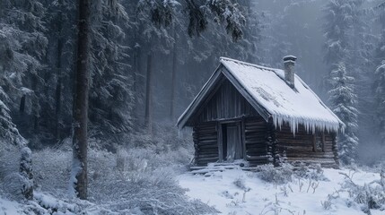 A Rustic Cabin Nestled in a Snowy, Foggy Forest