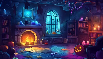 Spooky Halloween Room Decor with Fireplace, Bats, Pumpkins, Candles, Bookshelf, and Window