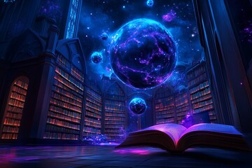 A glowing library in a fantasy realm, filled with floating books and magical creatures promoting literacy to children and adults alike