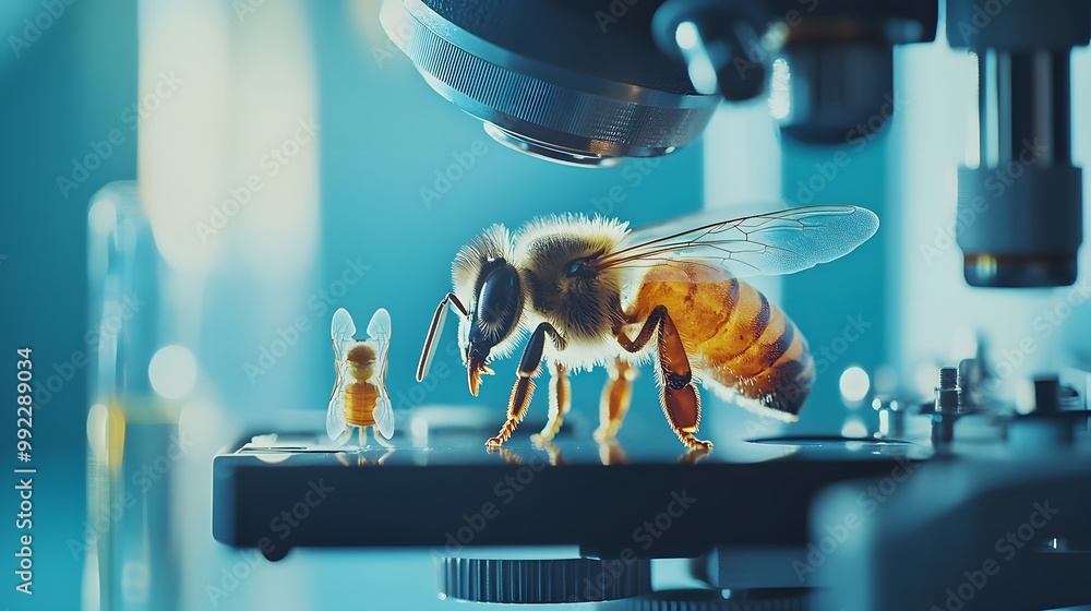Poster a honeybee under a microscope in a laboratory setting