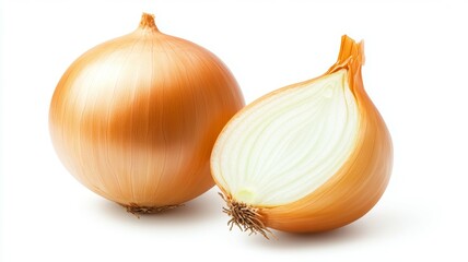 Two onions, one whole and one cut in half, are shown on a white background