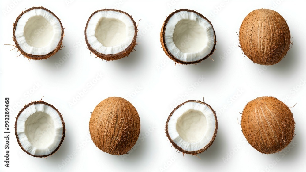 Poster a close up of several coconuts, each with a small hole in the center