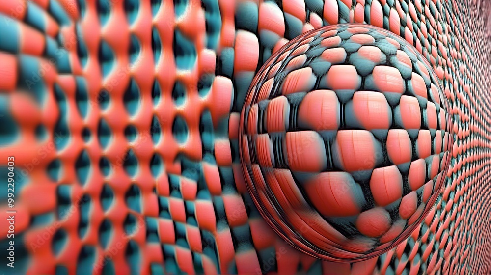 Poster abstract 3d sphere in a honeycomb pattern with shades of red and blue.