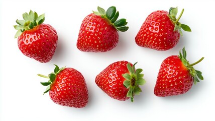 A close up of six red strawberries