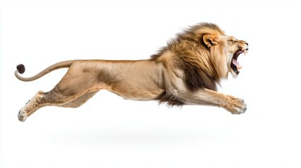 Obraz premium A lion is running with its mouth open, showing its teeth