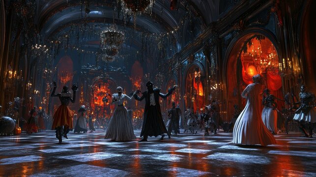 Halloween party scene with monsters dancing in a decorated haunted ballroom. 3D illustration