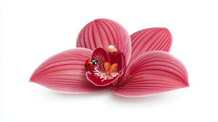 A red flower with a ladybug on it