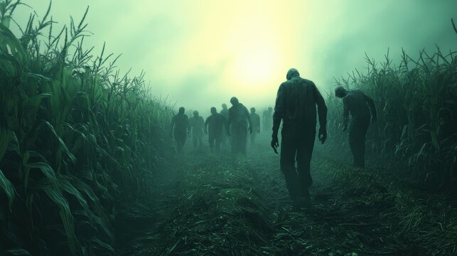 Zombie horde shambling through a misty cornfield at dusk. 3D illustration