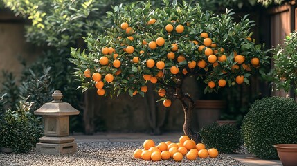 Tangerine tree growing in a zen garden with raked gravel and a stone lantern beside it creating a scene of serenity and balance Scientific name Citrus tangerina