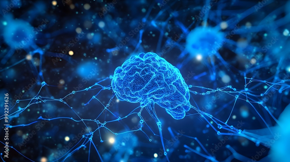 Poster a 3d render of a brain connected by nerve fibers and neurons