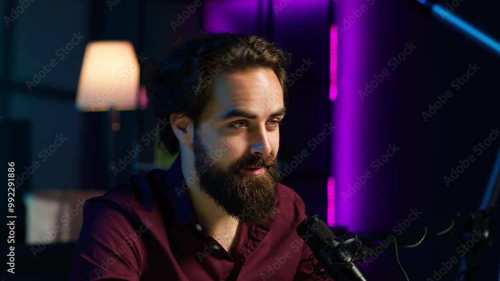 Poster close up of content creator using mic in studio to do asmr video, discussing with viewers using soot