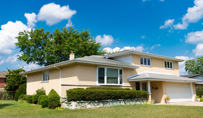 Private property house. House insurance. Property in neighborhood. Residential neighborhood house in developed area. Property insurance and real estate. Suburban neighborhood. Quiet neighborhood