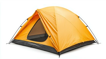 A yellow tent with a black frame is sitting on a white background