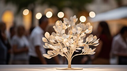 Unique display of white mulberry within modern LEDlit sculpture exotic evening festival live performer vibrant decoration softly blurred background promoting lively artistic environment Scientific