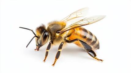 A bee is laying on a white background