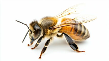 A bee is standing on a white background