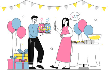 Baby shower holiday. Man and woman with gifts and cake in room. Birthday festival and party. Future father and mother. Boy or girl. Linear vector illustration