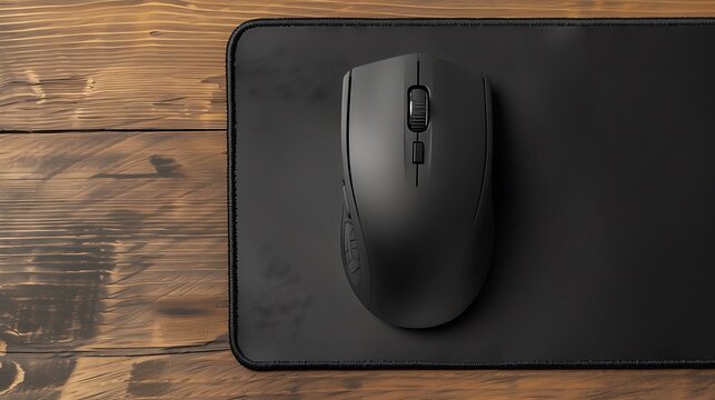 Black computer mouse on a dark wooden background. View from above.