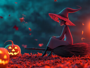 A young witch resting on her broomstick amidst autumn leaves and pumpkins, embracing the spirit of Halloween.