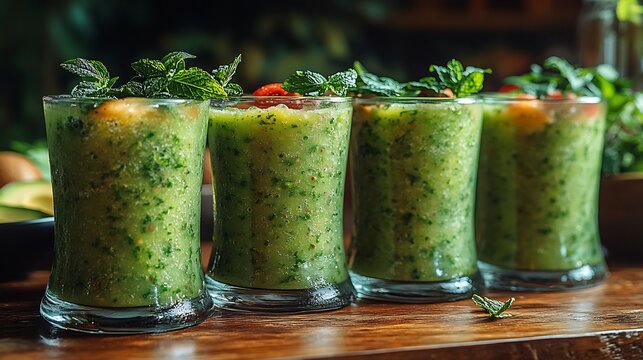 Vibrant avocado ginger detox smoothie served frosted glass cup beachfront wellness retreat fitness enthusiast enjoying fresh nutritious meal softly blurred background promoting active balanced