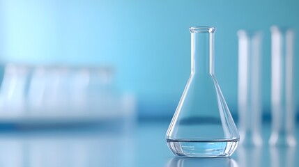 A Single Erlenmeyer Flask Filled with Liquid on a Blue Surface with Other Flasks in the Background