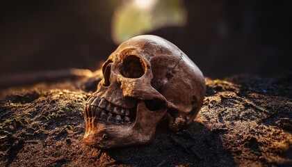 Ancient Human Skull on Earthy Ground