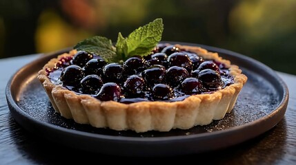 Vibrant bilberry tartlet served side of fresh mint honey elegant spa caf guest enjoying light healthfocused meal serene outdoor setting promoting wellness indulgence balance Scientific name Vaccinium
