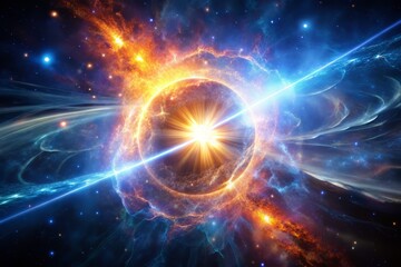 Obraz premium Dazzling, high-energy quasar, illuminating the dark expanse of space, its brilliant, pulsing core casting an electrifying aura, as the very fabric of reality unfolds.