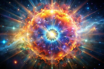 Obraz premium A dramatic and awe-inspiring visual of a supernova explosion, with a massive star bursting into a kaleidoscope of colors and energy, set against a dark and foreboding background.