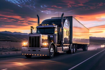 Big rig semi truck on the highway in sunset light
