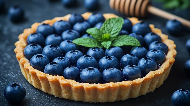 Vibrant bilberry tartlet served side of fresh mint honey elegant spa caf guest enjoying light healthfocused meal serene outdoor setting promoting wellness indulgence balance Scientific name Vaccinium