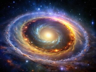 Breathtaking, iridescent halo encircling a distant, spiral galaxy, with shimmering curtains of gas and dust.