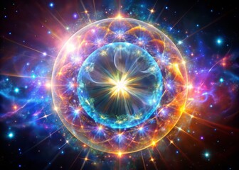 Obraz premium Luminous, crystal-like halo orbiting a neutron star, with a kaleidoscope of colors reflecting off its surface.