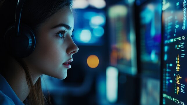 Woman Focused on Computer Screen in Dark Environment