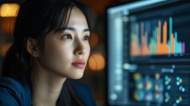 Asian Woman Analyzing Data on Computer Screen