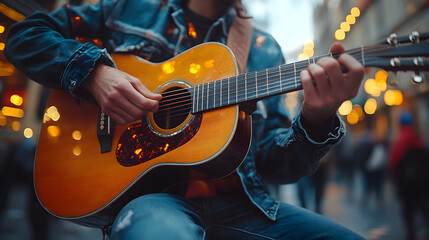 Fototapeta premium Street Performer Immersed in Music, Strumming an Aged Guitar as Onlookers Pause to Feel the Rhythm of His Soulful Melody