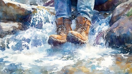 Watercolor painting of boots in a river stream.