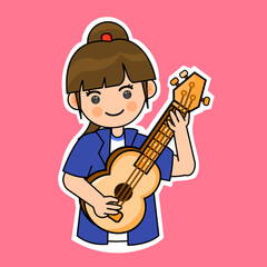 Cartoon Girl Playing Ukulele. Vector Illustration. Small Guitar Instrument. Suitable for Adorable Stickers and Musical Performance Content